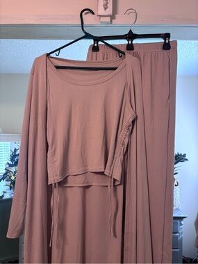 Beige Three-Piece Lounge Set Long Sleeve kimono Crop Top & Wide Leg Pants Size L